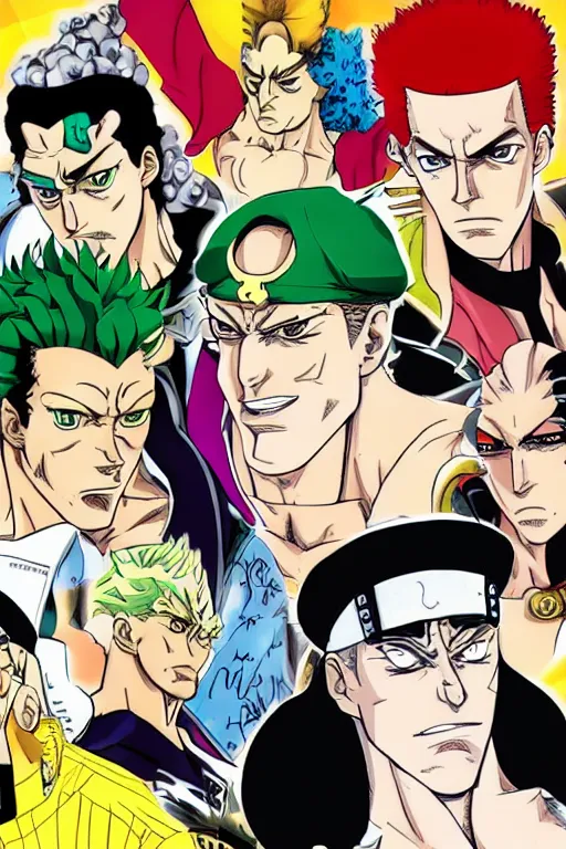 Prompt: jojo's bizarre adventure, jotaro kujo, kakyoin noriyaki, muhammad avdol, jean pierre polnareff, joseph joestar, manga