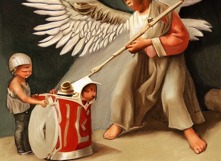 Image similar to angel rescuing little boy from a bad dream with marching drum, highly detailed, sharp focus, digital painting