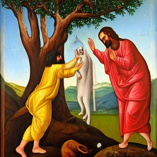 Image similar to jesus comes down to earth to slap a cat off of a tall tree, religious painting, oil painting