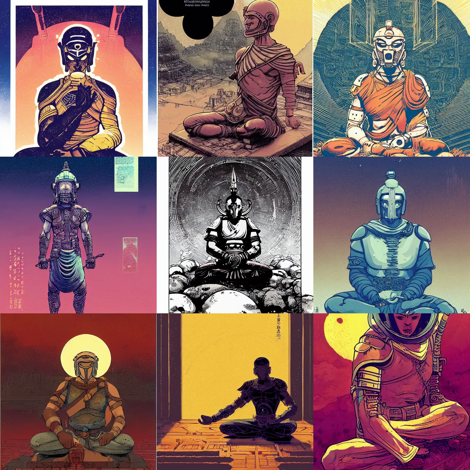 Image similar to monk with a spartan helmet meditating, by borderlands and by feng zhu and loish and laurie greasley, victo ngai, andreas rocha, john harris