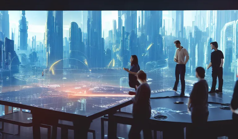 Image similar to group of people in simple warehouse, looking at hologram of futuristic city on a table, cinematic concept art, godrays, golden hour, natural sunlight, 4 k, clear details, tabletop model buildings, center model buildings, hologram center, crane shot, crane shot, crane shot