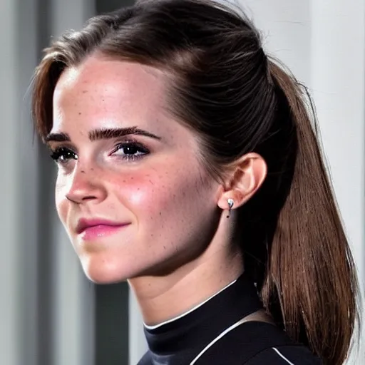 Image similar to a full - figure profile photograph of a woman who is a genetic combination of emma watson and kim kardashian