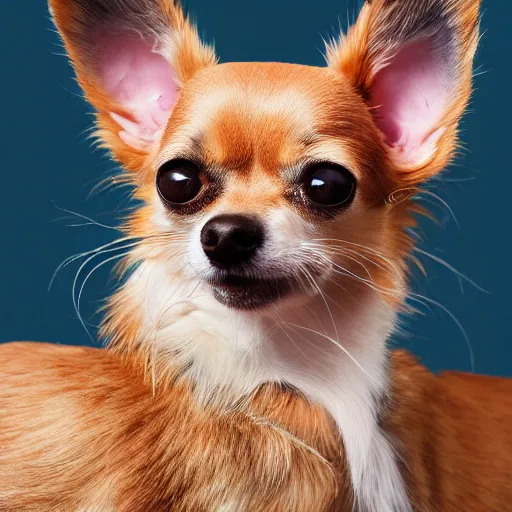 Prompt: studio photo of a hybrid chihuahua with cat head and cat face, 4k