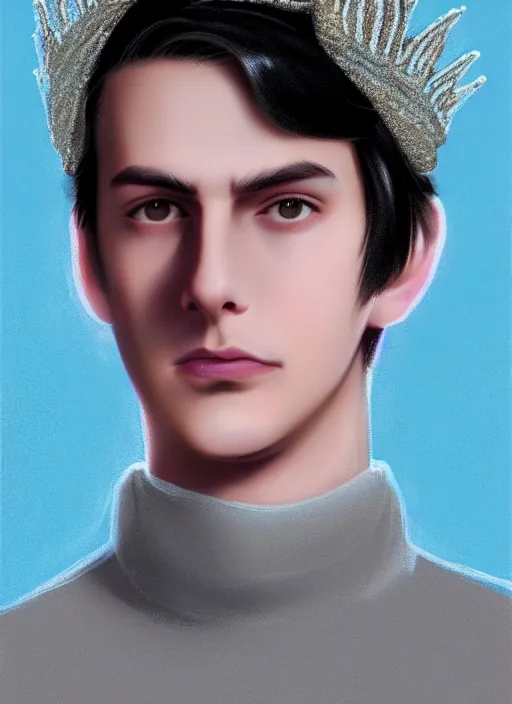 Image similar to portrait of teenage jughead jones wearing a light grey crown, crown, blue turtleneck, 1 9 5 0 s, closed eyes, photorealistic, black hair, glowing lighting, intricate, elegant, glowing lights, highly detailed, digital painting, artstation, concept art, smooth, sharp focus, illustration, art by wlop, mars ravelo and greg rutkowski