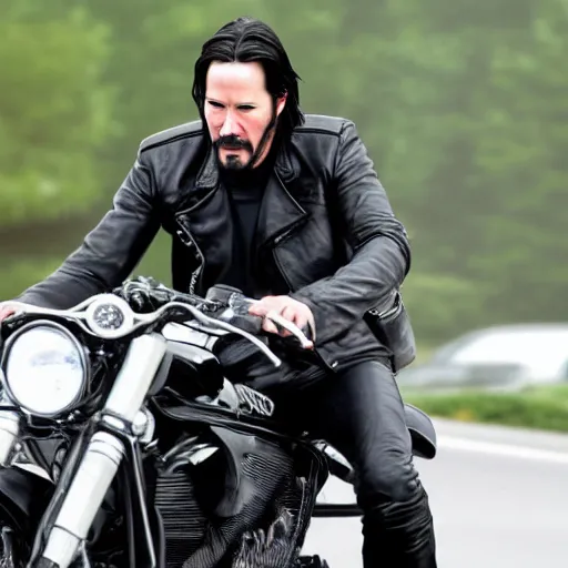 Prompt: Keanu reeves in black biker gear foggy pic 4K detail