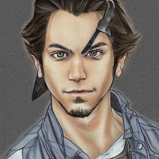 Image similar to self portrait, young white hispanic handsome man with short light brown hair and light skin and a 5 o clock shadow, holding a pug for a picture, pencil art, added detail, high definiton, colored, backfacing, illustrated by yoji shinkawa