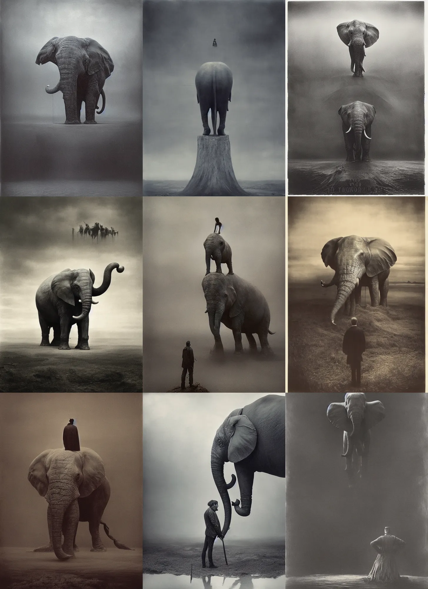 Prompt: wet plate photography, standing up monstruous mtg loxodon, beksinski