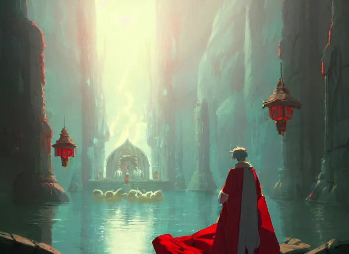 Image similar to cute fluffy mallard duck wearing red cultist robe, sacrificial altar in background, details, fantasy, epic, ancient city, landscape illustration concept art anime key visual trending pixiv fanbox by wlop and greg rutkowski and makoto shinkai and studio ghibli and kyoto animation symmetrical facial features