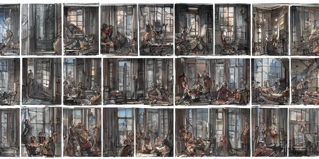 Image similar to cartoonish windows of chicago buildings, people minding their business at their apartaments, eating dinner, character sheet, fine details, concept design, contrast, kim jung gi, greg rutkowski, watercolor, trending on artstation, 8 k, full body, turnaround, front view, back view, ultra wide angle