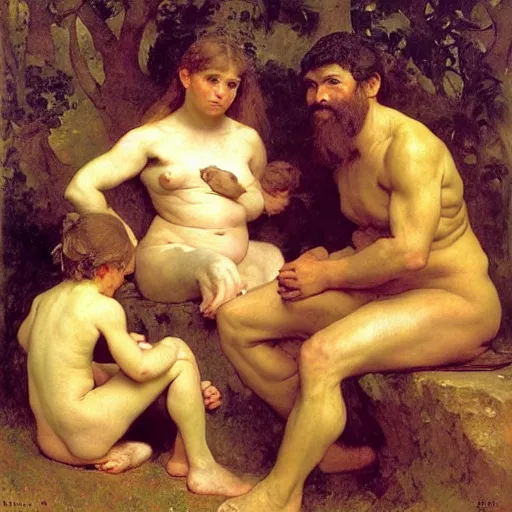 Prompt: portrait of an ancient human species neanderthal muscular rubenesque hairy family, by bouguereau, norman rockwell, ruben, manet, renoir