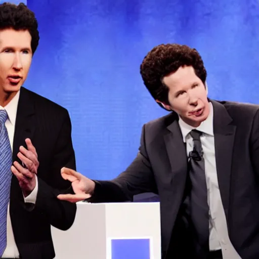 Image similar to theologian john calvin and joel osteen in a televised debate,