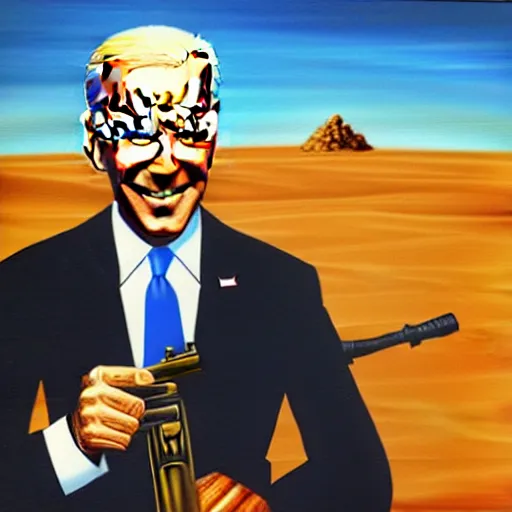 Image similar to oil painting Joe Biden with glowing eyes, looking stern, holding an RPG, in a desert landscape, epic, dark