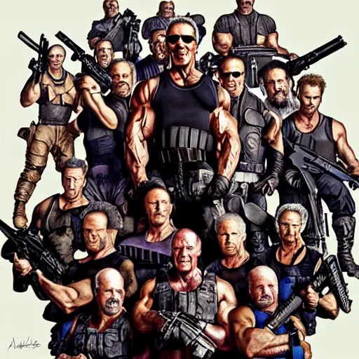 Prompt: A group photo of the cast of Expendables but it's all Arnold Schwarzenegger, western, D&D, fantasy, intricate, elegant, highly detailed, digital painting, artstation, concept art, matte, sharp focus, illustration, art by Artgerm and Greg Rutkowski and Alphonse Mucha