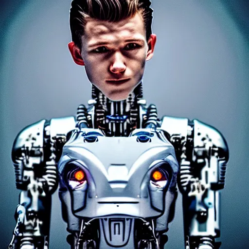 Image similar to “a realistic detailed photo of a guy who is the terminator robot, a cyborg consisting of living tissue over a robotic endoskeleton, who is a male android, Tom Holland, posing like a statue, blank stare”