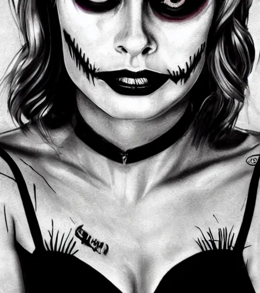 Image similar to tattoo design sketch of beautiful margot robbie portrait with joker makeup, in the style of den yakovlev, realistic face, black and white, realism tattoo, hyper realistic, highly detailed