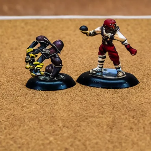 Image similar to blood bowl human catcher scoring touchdown on a desert pitch, looking into the camera, high quality photo,