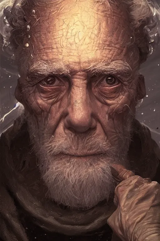 Image similar to the look of an elderly person 4 1 6 0 full of wrinkles and imperfections by artgem and greg rutkowski, highly detailed, high contrast, light reflection, trippy, nebula, trending on artstation