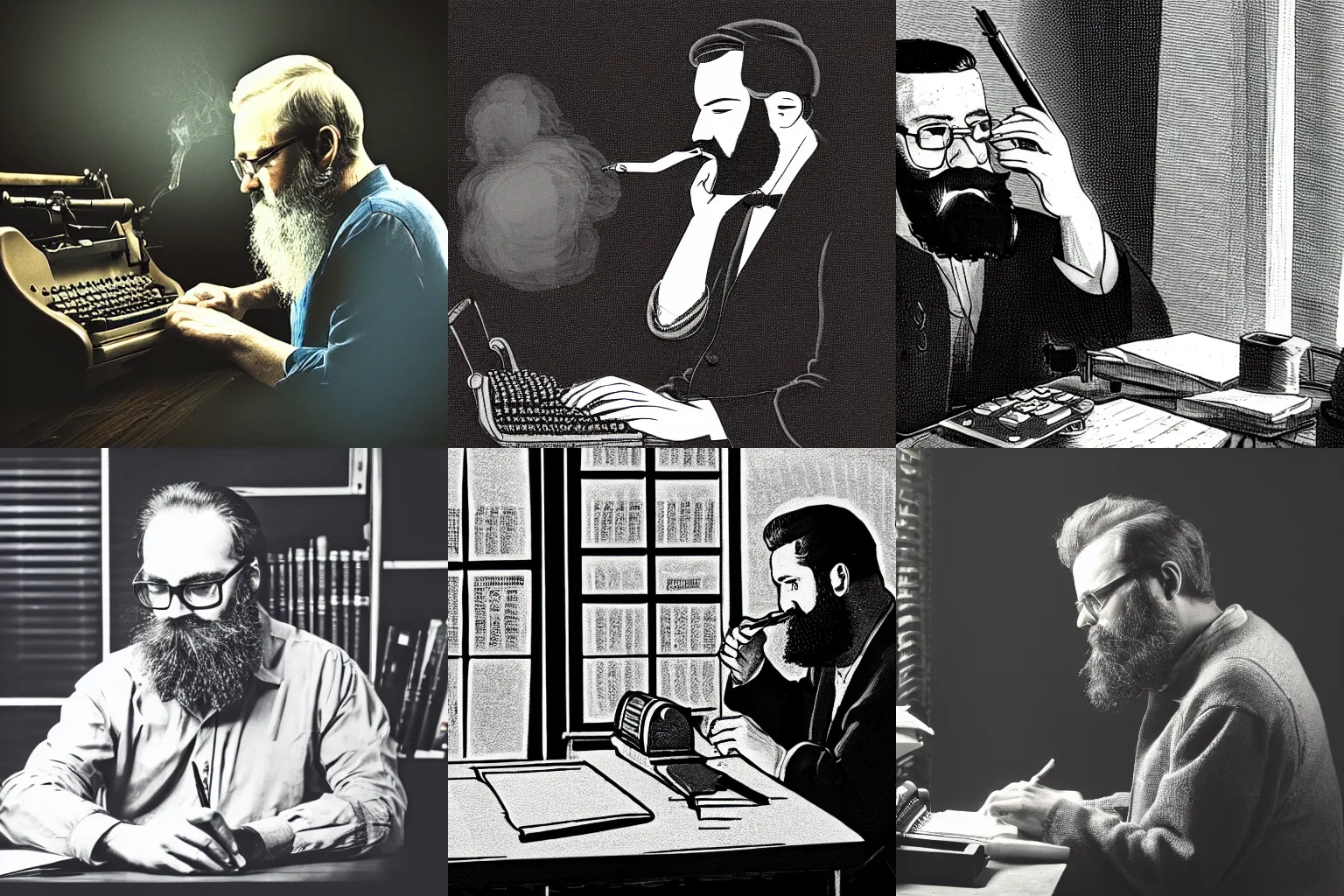 Prompt: middle-aged writer with a beard sitting at his desk writing on a typewriter and smoking a cigarette, digital art, dramatic lighting