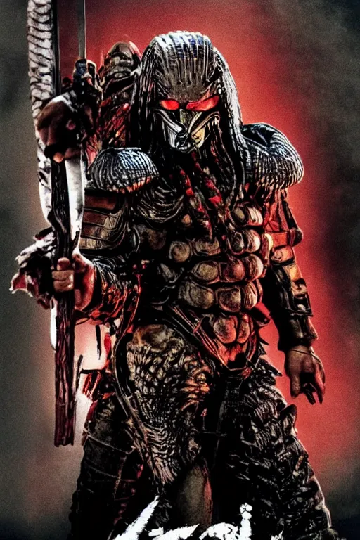 Image similar to movie poster for predator film shot in feudal japan staring hiroyuki sanada as a disgraced ronin, who hunts down the predator after he fails to protect his master from it