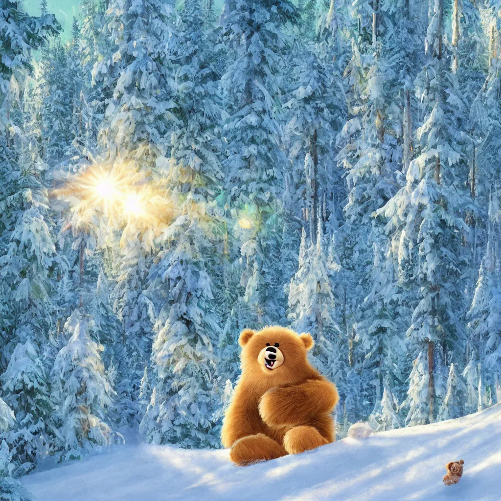 Prompt: a cute humanoid fluffy fur bear cub standing on ski skiing down the hill through a snowy forrest in, light rays are shining through the trees above, magical environment, beautiful light. trending on artstation 4 k award in winning artwork. vivid colors. detailed painting. kids book illustration.