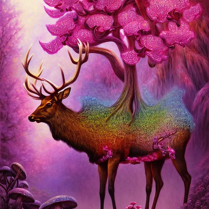 Prompt: extremely psychedelic elk made of orchid and cherry blossom tree and mushroom, LSD, diffuse lighting, fantasy, intricate, elegant, highly detailed, lifelike, photorealistic, digital painting, artstation, illustration, concept art, smooth, sharp focus, art by John Collier and Albert Aublet and Krenz Cushart and Artem Demura and Alphonse Mucha