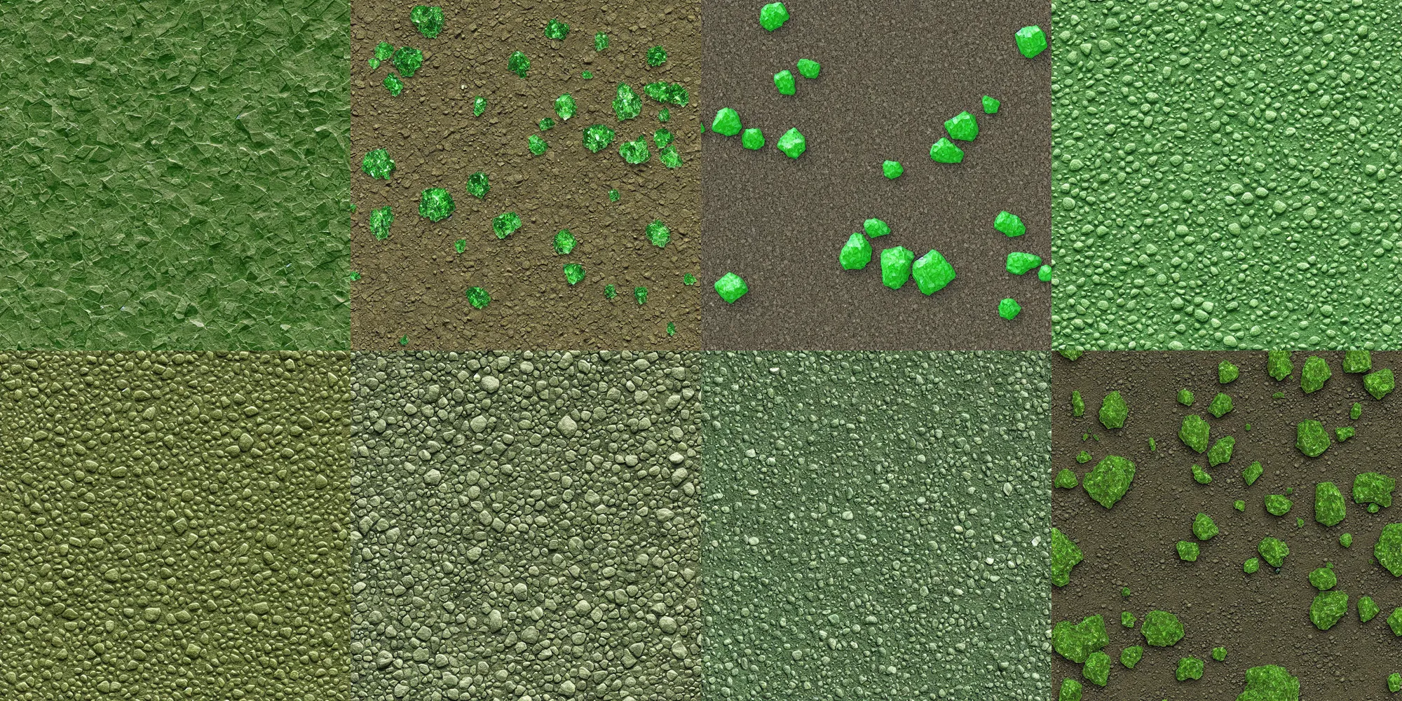 Prompt: large green crystals sticking out of the flat dirt, very clean, detailed ground terrain albedo texture, flat, 2 d texture, seamless