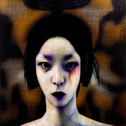 Image similar to yoshitaka amano blurred and dreamy realistic three quarter angle portrait of a young woman with black lipstick and black eyes wearing dress suit with tie, junji ito abstract patterns in the background, satoshi kon anime, noisy film grain effect, highly detailed, renaissance oil painting, weird portrait angle, blurred lost edges