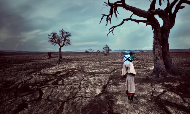 Image similar to medium shot of a nondescript crying ancient dried up Danu, peaceful, facing the camera and standing in front of a dried up river in a desolate land, dead trees, blue sky, hot and sunny, highly-detailed, elegant, dramatic lighting, artstation, 4k, cinematic landscape, photograph by Elisabeth Gadd