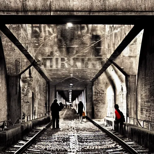 Image similar to poor people life under railway bridge, hyper realistic, best on adobe stock, 3 5 mm lens by steve mccury