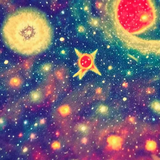 Image similar to galaxies and nebulae, mysterious universe, constellations, beautiful dreamy colors, cartoonish, bright and colorful, detailed, claymation, dreamlike, felt, wes anderson