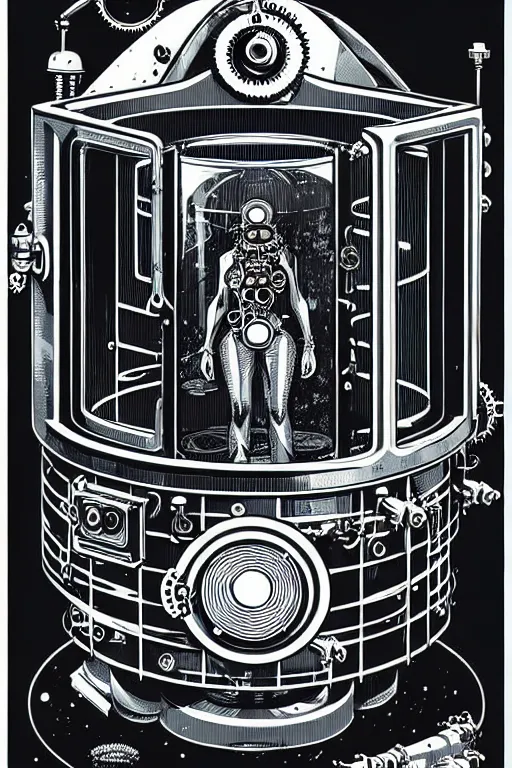 Image similar to steampunk cryo chamber containing an cyclops, high details, intricately detailed, by vincent di fate, inking, 3 color screen print, masterpiece, trending on artstation,, sharp, details, hyper - detailed, hd, 4 k, 8 k