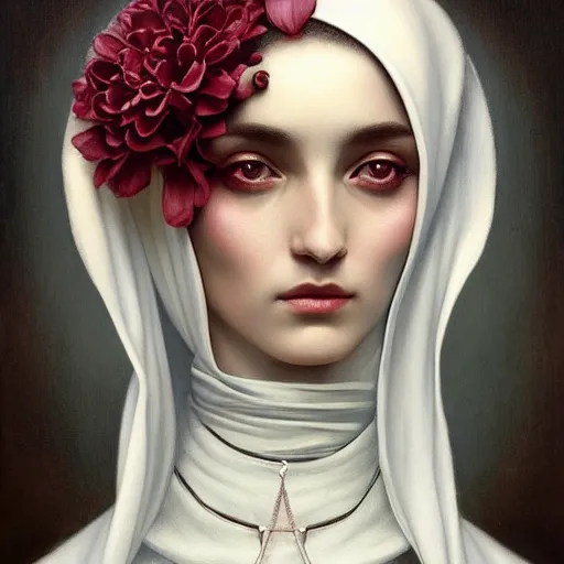 Image similar to tom bagshaw, soft painting of a curiosities carniva, beautiful nun blessing flowers in full dress, perfectly detailed, symmetrical intricate sensual features, highly detailed, artstation, sharp focus