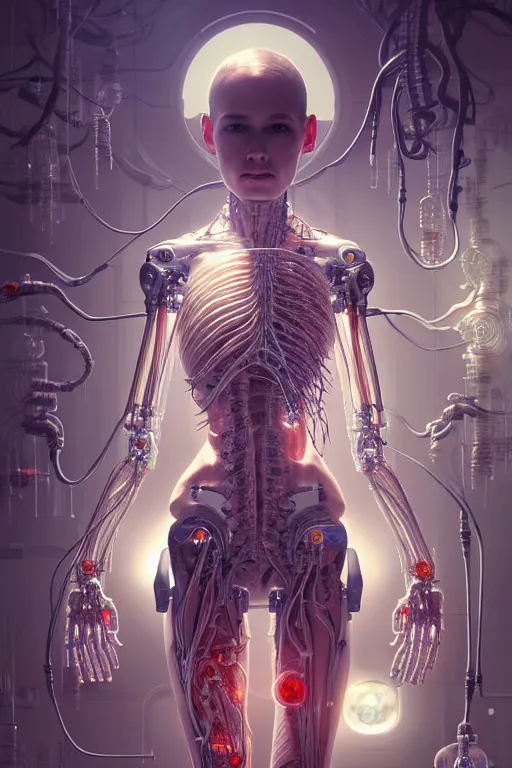 Image similar to ultra realistic, a beautiful cyborg woman's nervous system and organs are spread over a lab table, sci - fi, intricate details, eerie, highly detailed, octane render, 8 k, art by artgerm and alphonse mucha and greg rutkowski