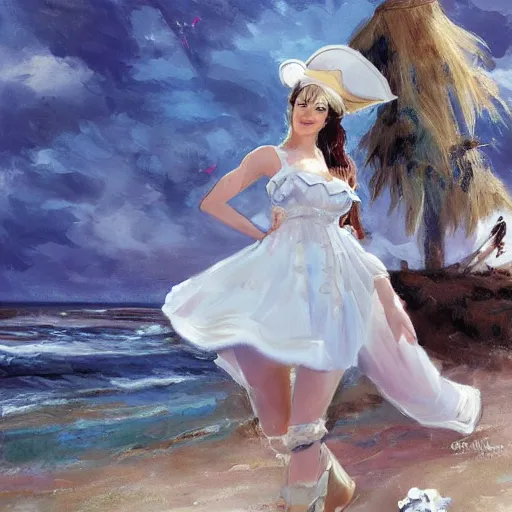 Image similar to dancing brunette milk maid woman wearing a pirate hat. Blue and white dress. Shore seascape in the style of Krenz Cushart