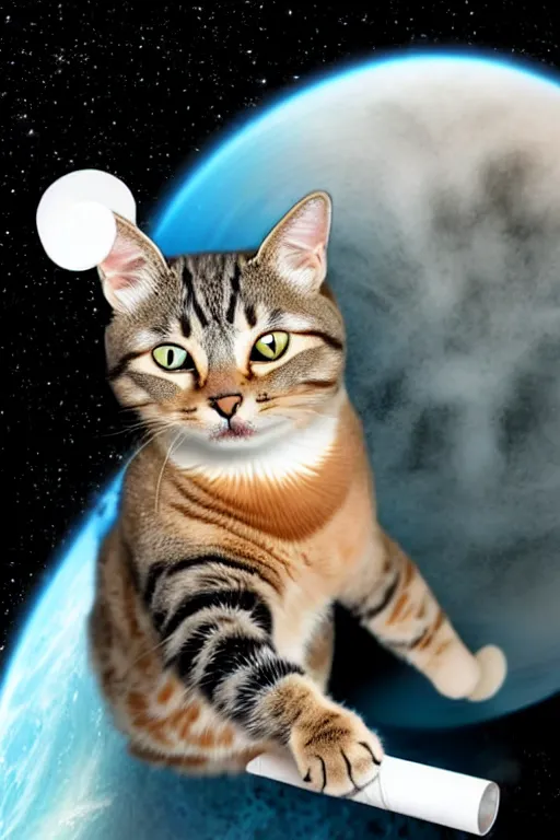 Image similar to A cat in space smoking a maragrita shaped joint