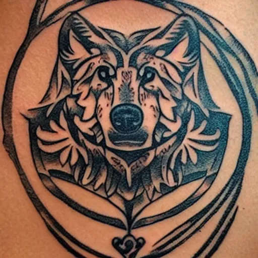 Image similar to tattoo design, stencil, bear, wreath surrounding wolf