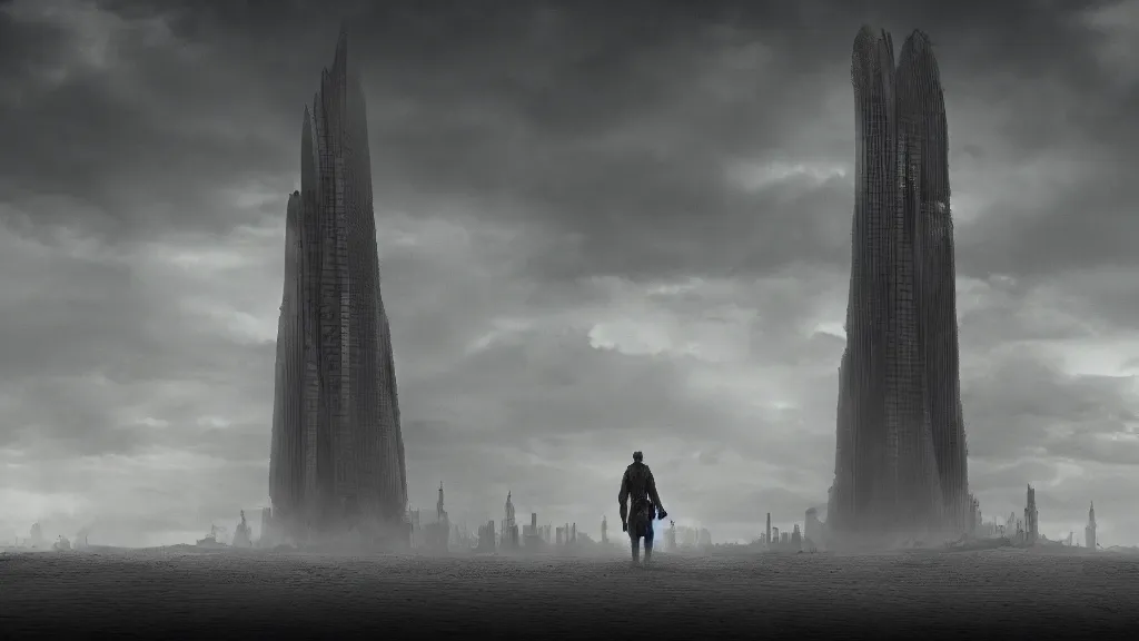 Prompt: patrick j jones. rutkowski. the last tower. sand. lonely. ominous. my quest 3 8 4 0 x 2 1 6 0