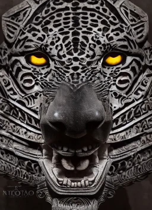 Image similar to powerful ancient jaguar warrrior standing in the ancient temple at night, symmetrical face, big eyes and lips, looking down, subtle makeup, clean face and body skin,ecstatic expression,volumetric lights,depth of field, lens flares, dust in the air, moody lighting, intricate, elegant, highly detailed, centered, smooth, sharp focus, Donato Giancola, Joseph Christian Leyendecker, WLOP, Boris Vallejo, Artgerm moody photography, old photo, black and white, sepia, cinematic lighting, cinematic angle, national geographic