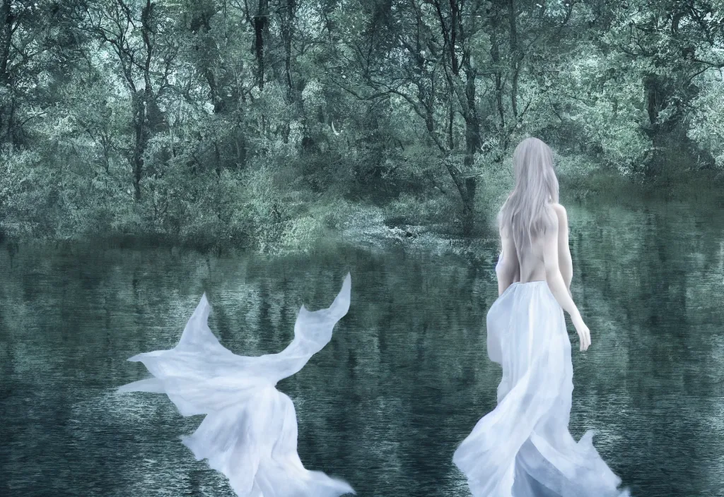 Image similar to digital art of a female figure walking in the middle of a lake wearing ethereal white clothing. lush nature. blue tint.