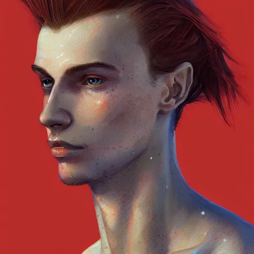 Image similar to portrait of a thin young man with long red hair, ponytail, a lot of freckles on his face, intricate, elegant, glowing lights, highly detailed, digital painting, artstation, concept art, smooth, sharp focus, illustration