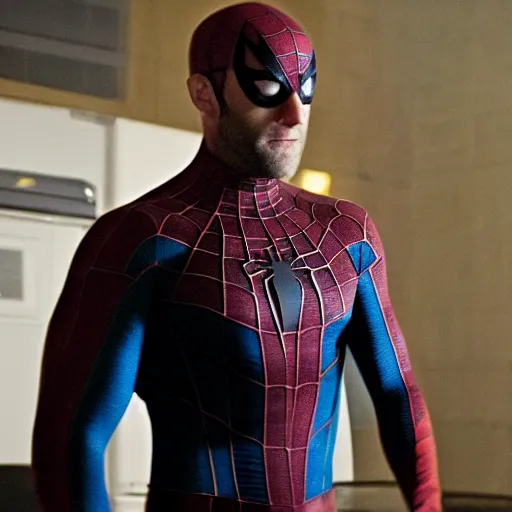 Prompt: jason statham as spiderman, an film still