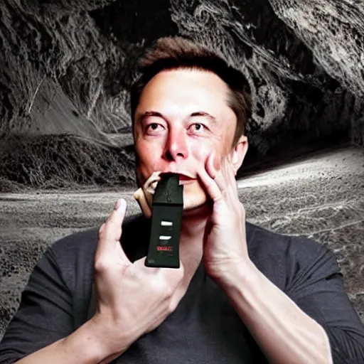 Image similar to Elon musk chewing on a battery in a dark cave and feeling sad, photorealistic