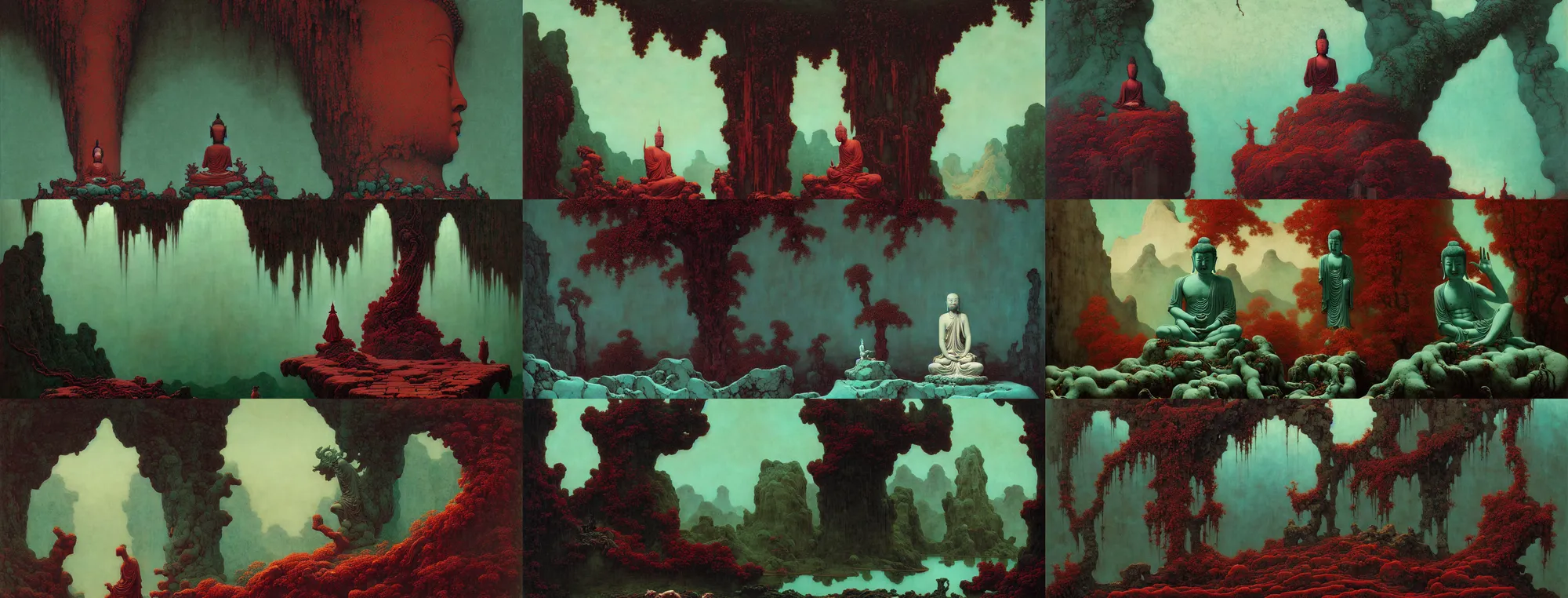 Prompt: a gorgeous bleak autumn painting by barlowe wayne, maxfield parrish, gustave dore and marco mazzoni. close - up shot on a lonely huge wet chinese buddha statue, broken, stone gate to the dark cave, vines. tiffany blue, maroon, blackish green. the winding stone steps. ultra clear detailed. 3 d, octane render. turbulent blood lake.