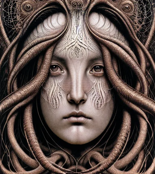 Image similar to detailed realistic beautiful dark goddess face portrait by jean delville, gustave dore, iris van herpen and marco mazzoni, art forms of nature by ernst haeckel, art nouveau, symbolist, visionary, gothic, neo - gothic, pre - raphaelite, fractal lace, intricate alien botanicals, ai biodiversity, surreality, hyperdetailed ultrasharp octane render