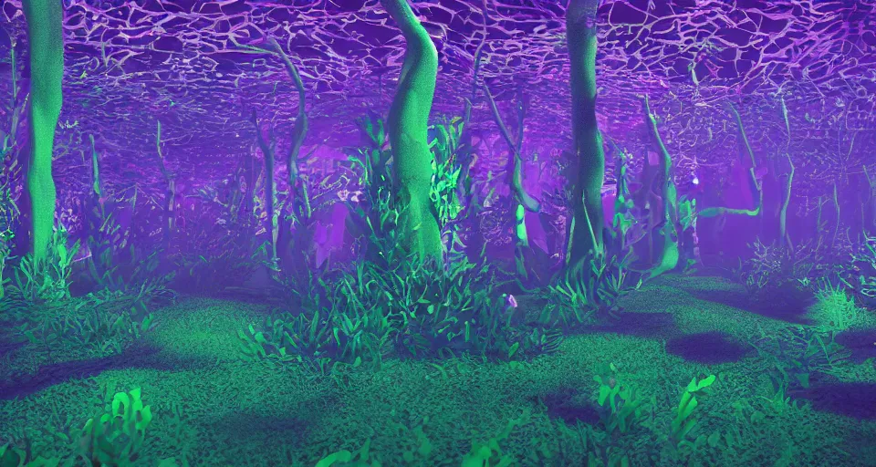 Image similar to 3d Render of neon deep sea forest, grainy, noisy