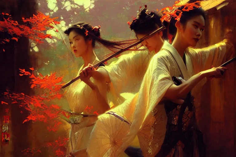 Image similar to wuxia, autumn, neon light, painting by gaston bussiere, craig mullins, j. c. leyendecker