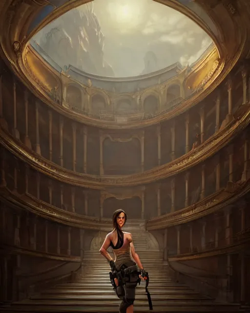 Prompt: lara croft exploring an italian opera house with numerous musclebound male goons patrolling the area, by wlop, greg rutkowski and peter mohrbacher, extremely detailed shading, concept art, digital painting, trending on artstation, unreal engine 5, octane render, atmosphere, lens flare, glow, cinematic lighting, full of color