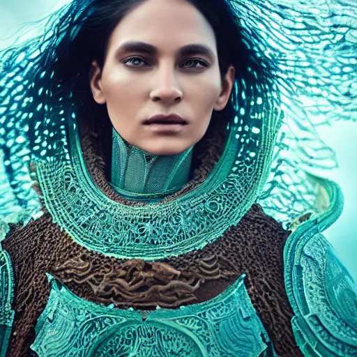 Image similar to a regal brown woman wearing an intricate and detailed armor made of blue and green ocean waves. waves crashing. ocean photography. layers. textures. delicate. translucent. studio portrait. photorealistic. octane render