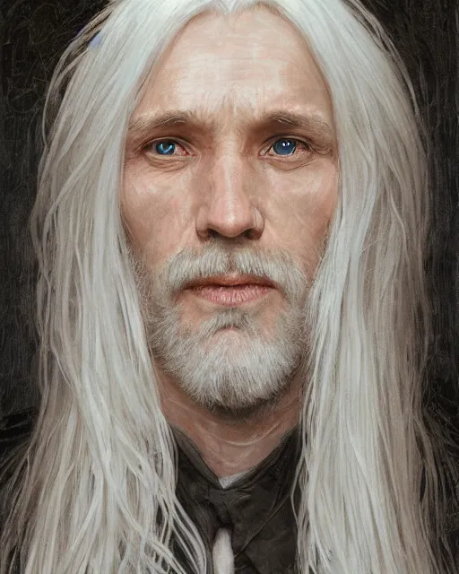 Image similar to portrait of 4 0 - year - old man with long white hair with a pale complexion, malfoy lucius, clear face, pointed face and grey eyes, hyper realistic face, beautiful eyes, fantasy art, in the style of greg rutkowski, intricate, alphonse mucha, hyper detailed, smooth