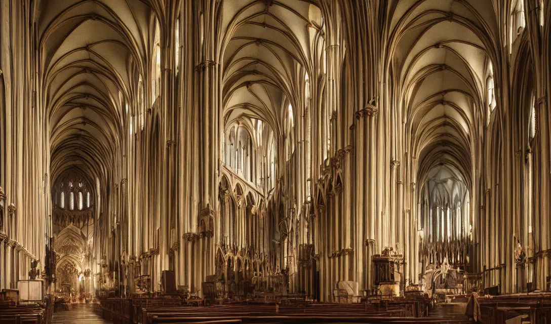 Prompt: interior notre dame, ascher clemens, home, interior, octane render, deviantart, cinematic, key art, hyperrealism, canon eos c 3 0 0, ƒ 1. 8, 3 5 mm, 8 k, medium - format print